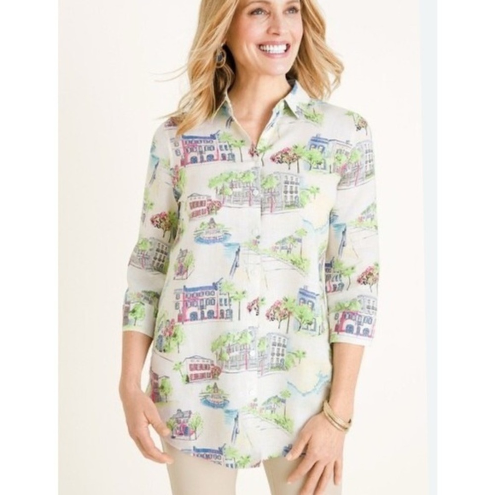 Chico’s No-Iron Linen Southern Charm-Print Button Down 3/4 Sleeve Shirt Tunic M